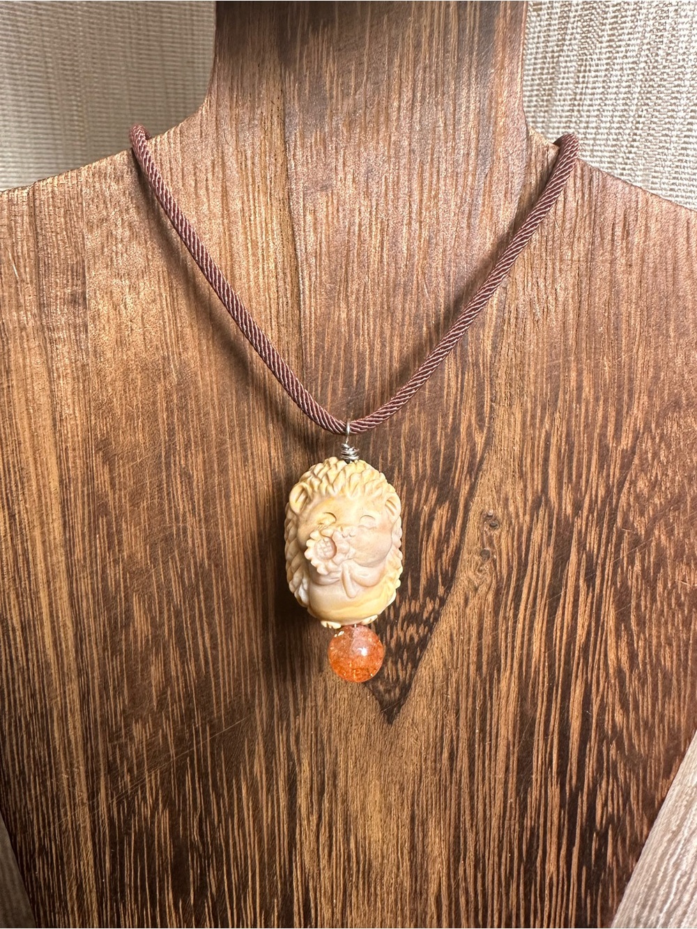 Alashan Agate Hedgehog Charm Pendant Necklace with Sunstone on Brown Rope - Picture 2 of 14